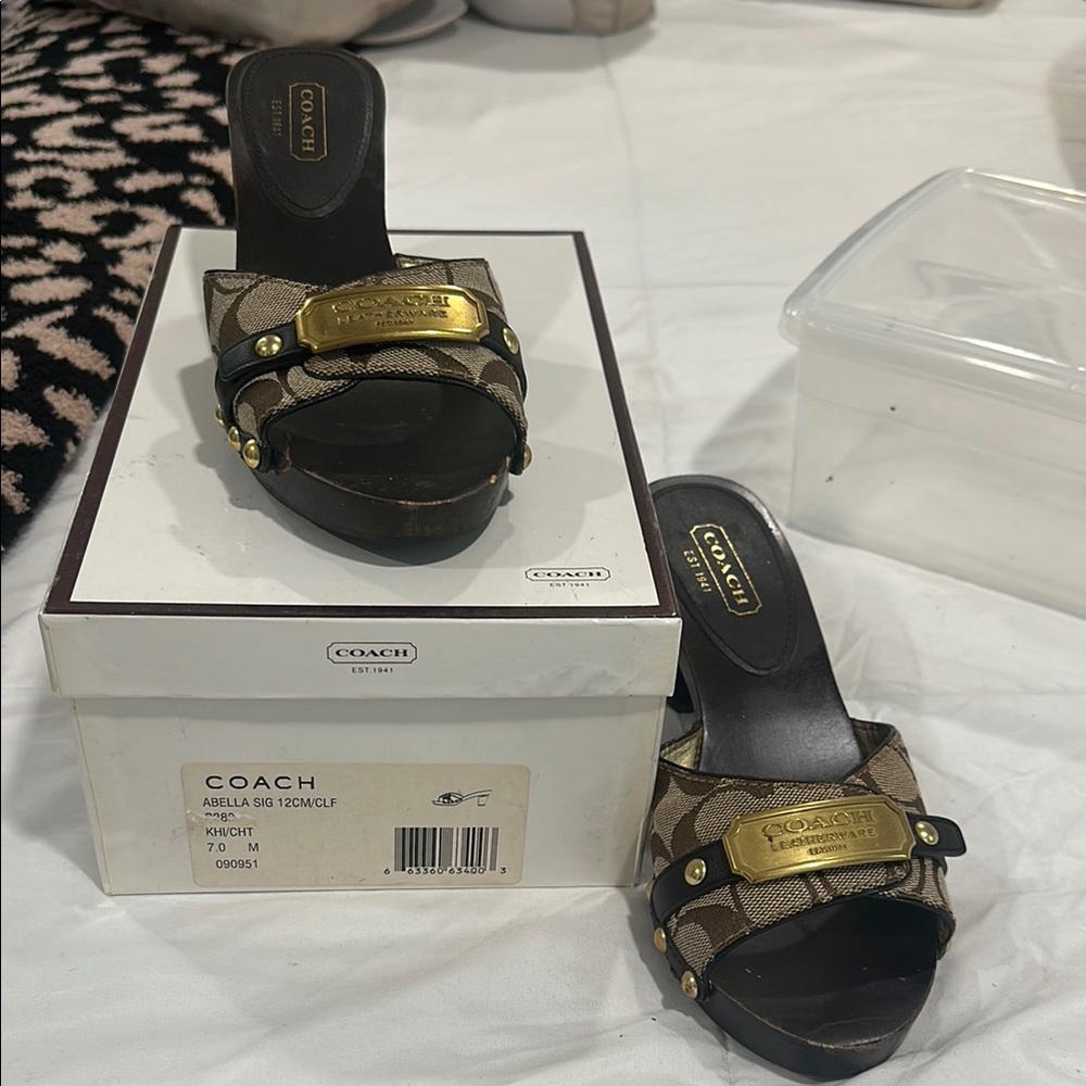 Coach Women's Black and Tan Mules with Gold Accents